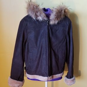 Never worn Fur lined leather coat with fur hood